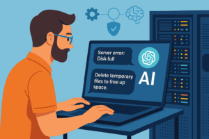 Ein IT-Techniker arbeitet am Laptop, auf dem ChatGPT eine Lösung für einen Serverfehler vorschlägt – Beispiel für den praktischen Einsatz von KI im IT-Support.